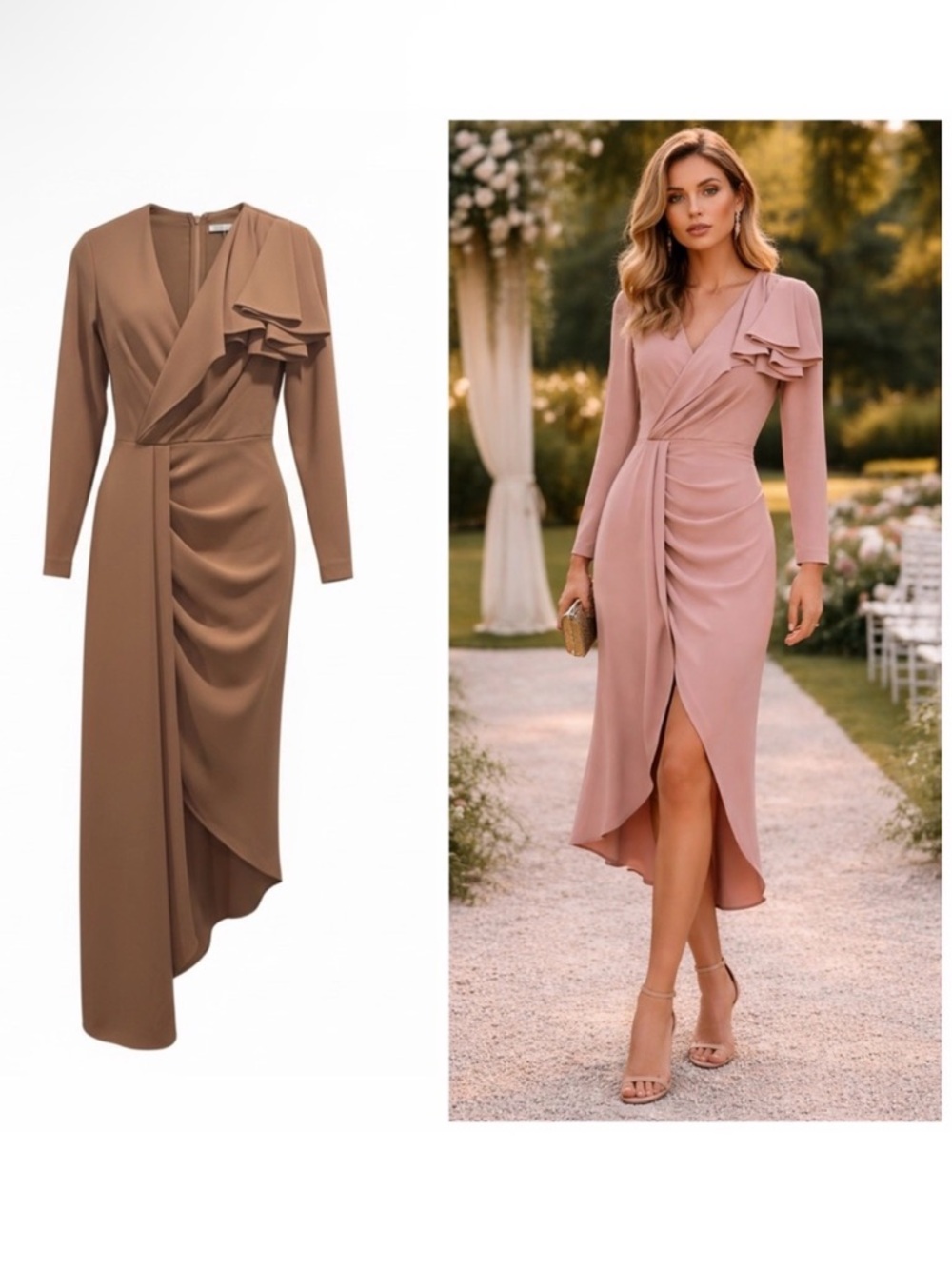 Elie Saab Pink Midi Dress Asymmetric Ruffle 4 Formal Wedding Guest Cocktail 🟡